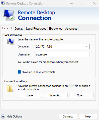 Windows Remote Desktop Connection dialog with the VM's public IP entered