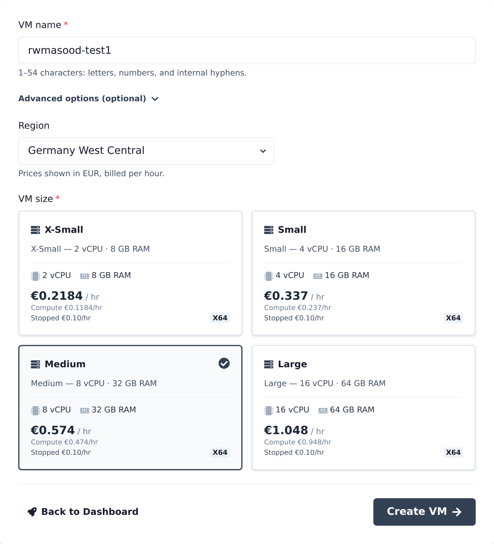 The Create VM form with a name entered and the Medium size selected