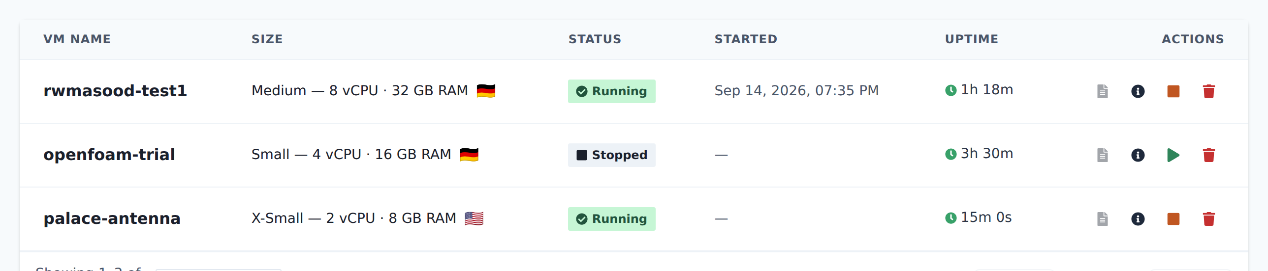The My VMs list showing running and stopped sandboxes with start, stop and delete controls