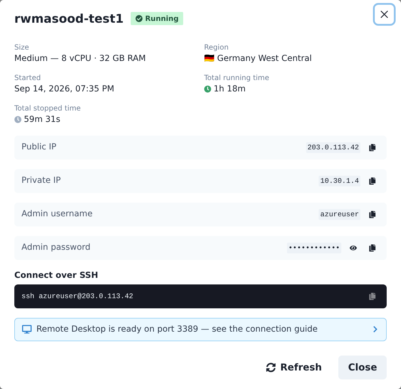 VM details panel showing public IP, admin username and a hidden admin password