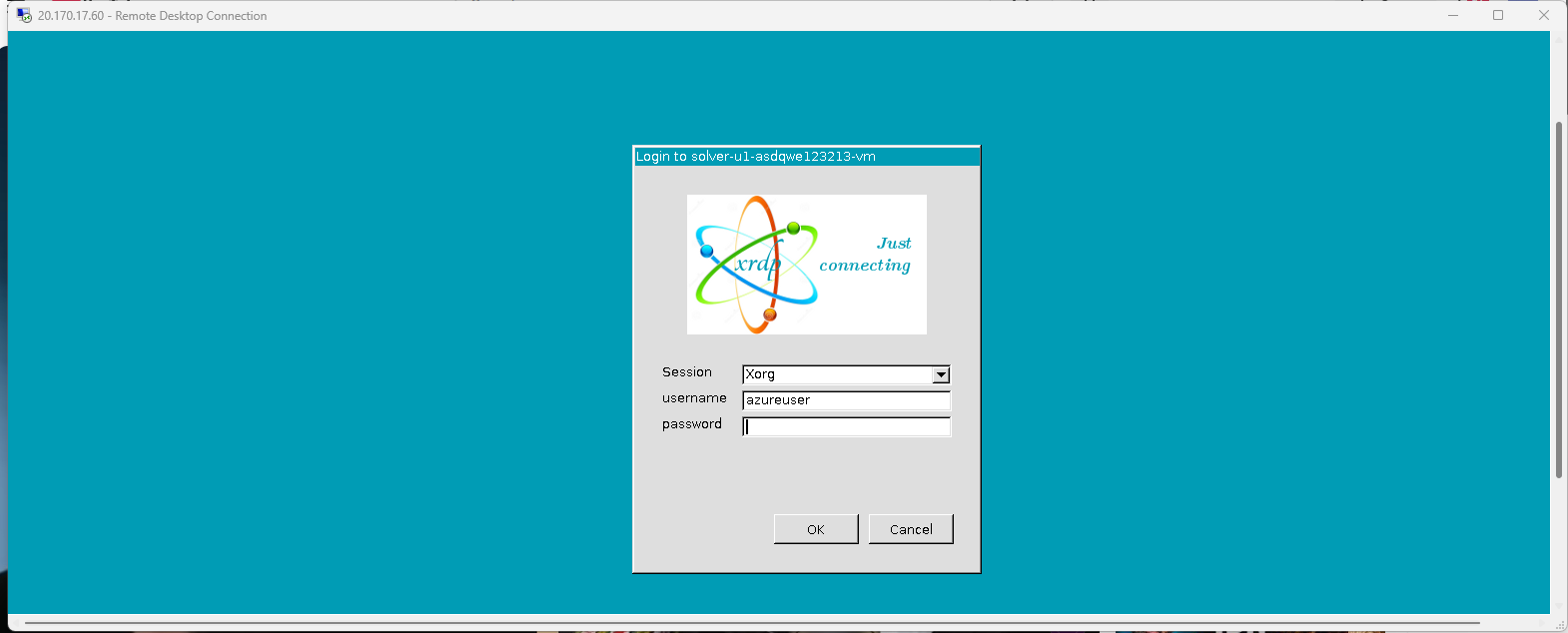 The xrdp login screen with Session set to Xorg and the admin username entered